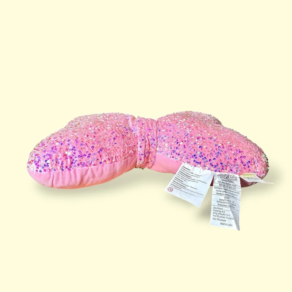 Cynthia Rowley Kids Pink Sequin Bow- Shaped Throw Pillow 20”